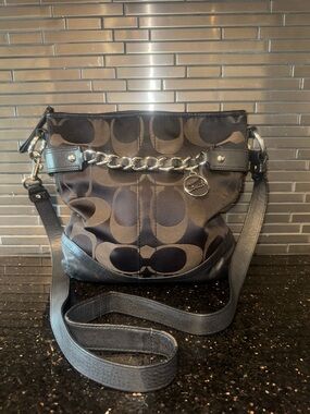 COACH Black Signature Canvas Chain-Accent Crossbody Bag